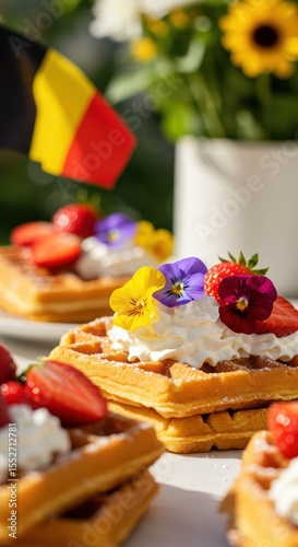Belgian waffle with whipped cream and fresh strawberry, decorated with edible flowers, with Belgium flag on bright garden background for banner with copy space. Belgium's National Day.	
