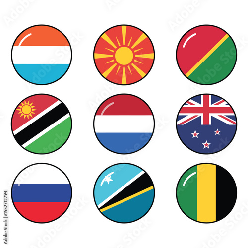World Country Flag Icons Set in Circular Flat Design