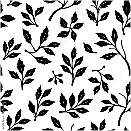 Elegant monochrome foliage pattern with delicate branches and leaves on white background