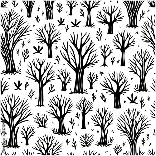 Seamless pattern with bare trees and bushes in black and white design