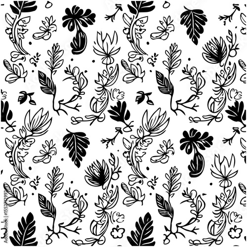 Monochrome botanical pattern with decorative floral elements in a seamless design