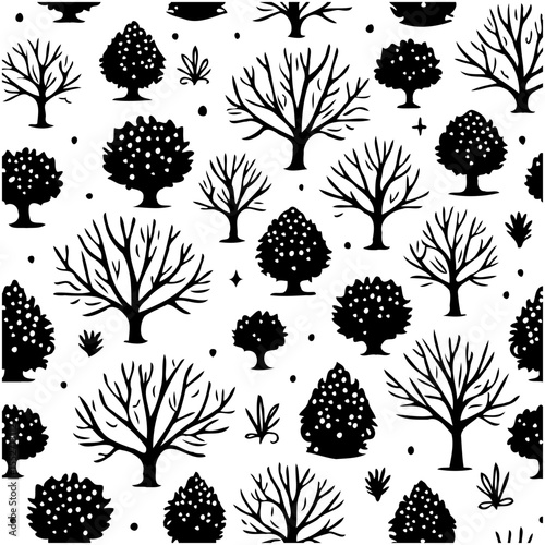 Enchanting woodland repeat pattern featuring silhouette trees, ideal for fabric design
