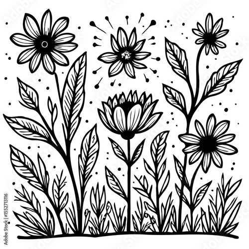 Elegant Monochrome Floral Design: Artistic Botanical Illustration with Intricate Details
