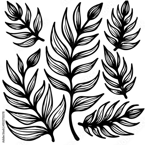 Botanical Foliage Sketch: Hand-Drawn Leaves and Twigs Vector Illustration