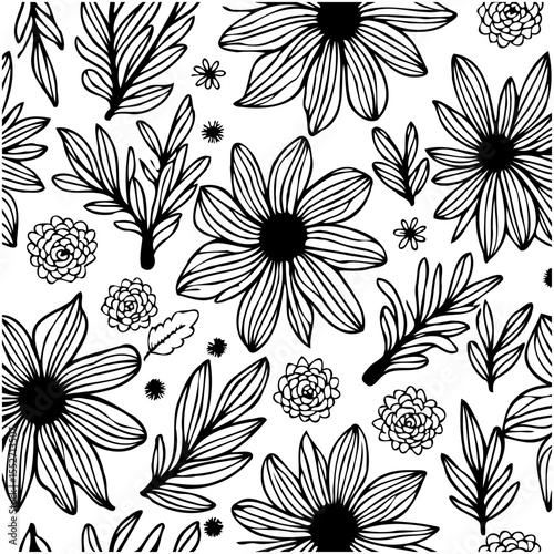 Floral vector pattern with daisy flowers and leaves, black and white design