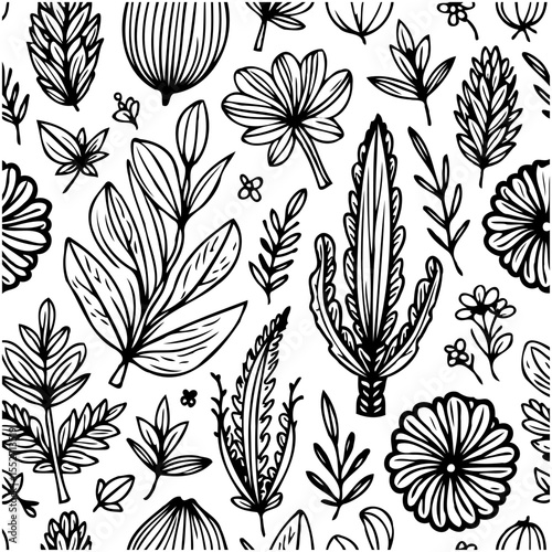 Elegant botanical line art seamless pattern with floral designs for wallpaper