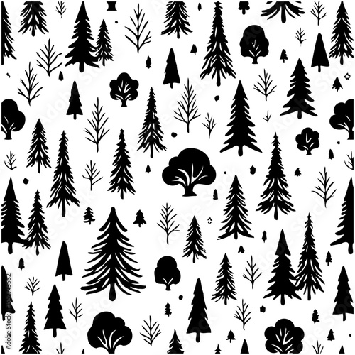 Seamless forest pattern with pine trees, fir trees, and foliage in black and white