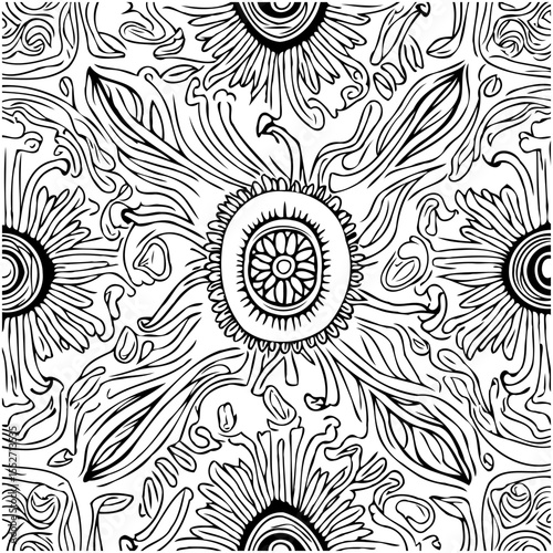 Detailed intricate floral design pattern with flowing lines in monochrome style