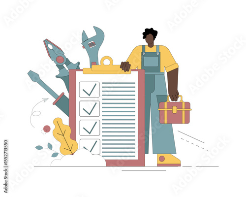 Repairman. Master. A man with a suitcase with tools and a tablet of completed work.eps