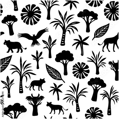 Monochrome jungle pattern featuring various plants, animals, and tropical themes photo