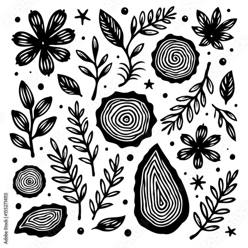 Botanical doodle collection with flowers, leaves and wood slices in black and white