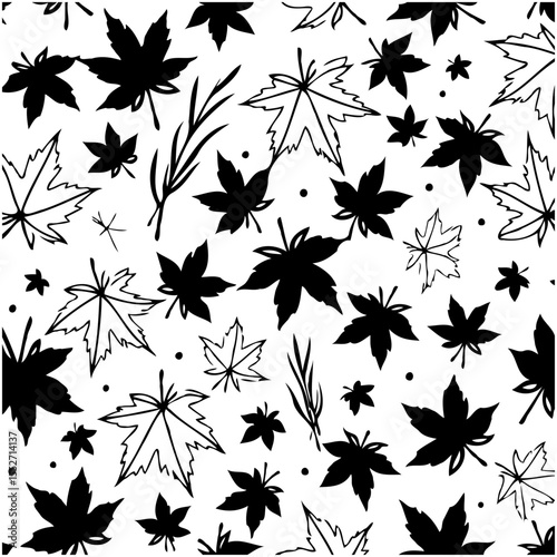 Seamless autumn pattern with scattered maple leaves and branches silhouette design