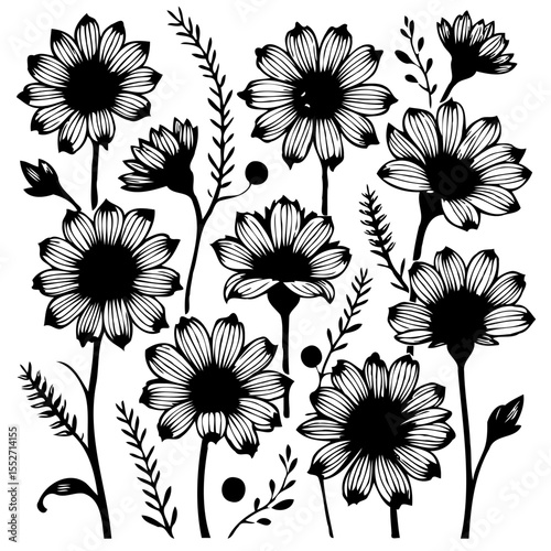 Elegant floral design with stylized sunflower blossoms and ornamental foliage in black and white