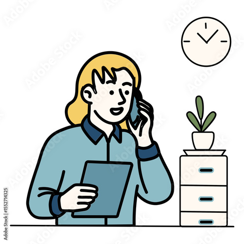 A woman multitasking with a phone call and tablet in hand, sitting at a modern workspace with a clock and cabinet in the background.