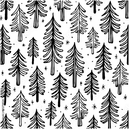 Festive monochrome pattern of hand-drawn Christmas trees and scattered snowflakes
