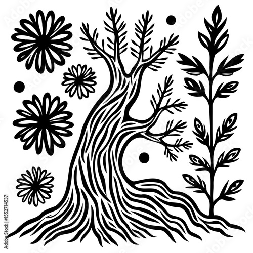 Whimsical monochrome illustration of a stylized tree with flowers and foliage