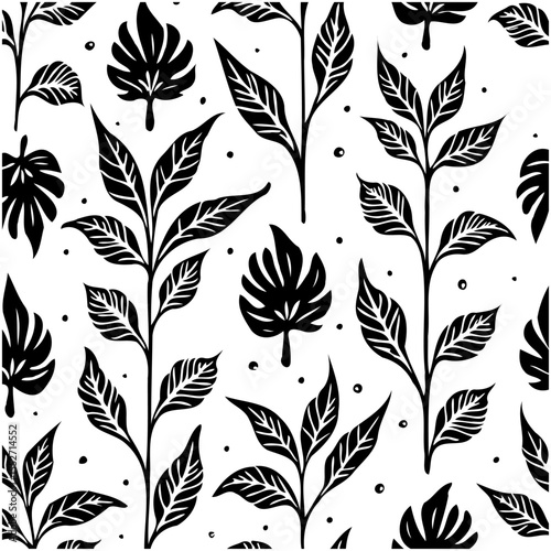 Elegant botanical pattern with black tropical leaves on a white background