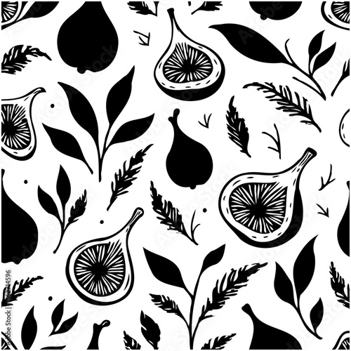 Elegant seamless pattern showcasing black and white figs with leaves illustration