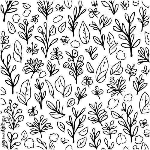 Elegant floral pattern illustration featuring various botanical elements and organic shapes