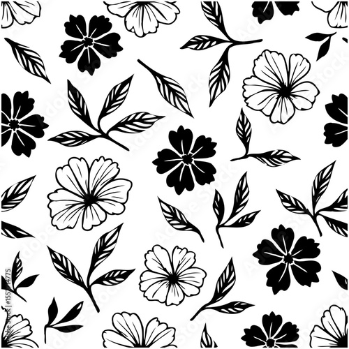 Elegant floral pattern design featuring botanical elements with black and white color