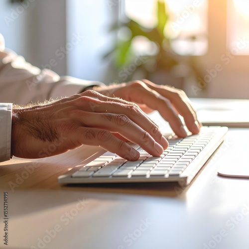 Close-up of human hands typing on a computer keyboard, illuminated by soft ambient lighting, modern workspace background, ultra-detailed, focus on finger movement and key texture