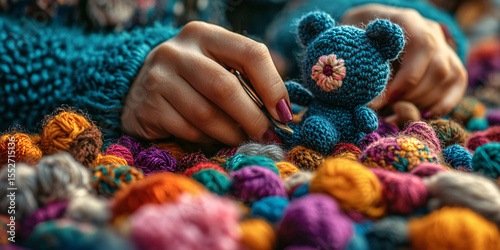 Close-up of hands creating a charming blue teddy bear with vibrant yarn.