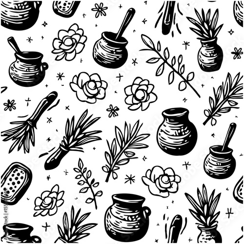 Elegant monochrome seamless pattern featuring botanical elements and rustic pottery designs