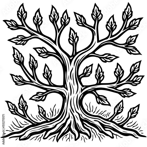 Stylized Tree of Life: Black and White Illustration with Intricate Details