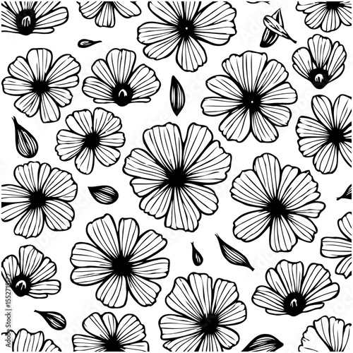 Elegant floral pattern background with black outline on white, for textile and art