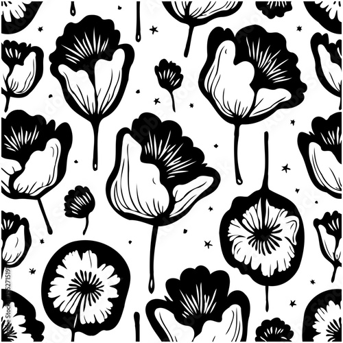 Elegant floral pattern with abstract tulip shapes in black and white design