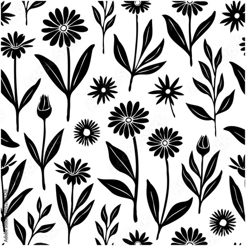 Elegant botanical seamless pattern with floral elements in a modern monochrome style