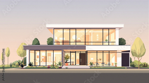 Modern, two-story house with expansive glass windows, illuminated interior, and landscaped front yard at dusk.