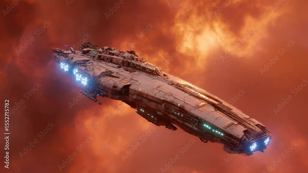Large futuristic spaceship, off white, against a fiery orange nebula background. The vessel has glowing blue engines and details. Dramatic lighting and cosmic setting.
