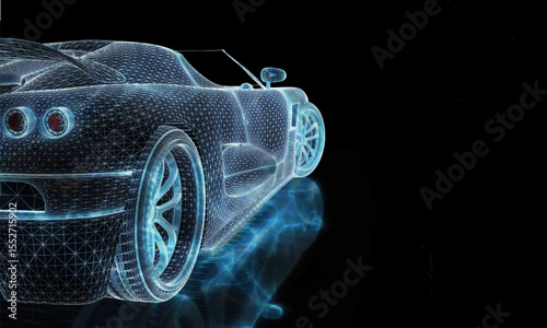 Futuristic Wireframe Car – 3D Digital Blueprint of High-Tech Vehicle on Black Background