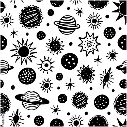 Doodle Space Cosmos Seamless Pattern with Planets Stars and Celestial Bodies