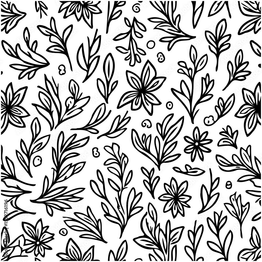 Fototapeta premium Monochrome botanical pattern design featuring stylized flowers and foliage elements