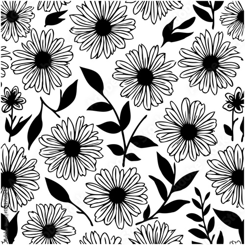 Elegant black and white floral pattern with daisy flowers and foliage design