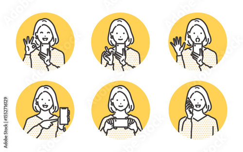 スマホを操作する若い女性のイラストセット