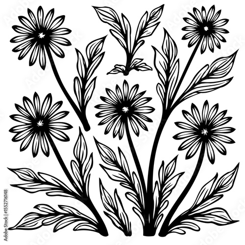 Hand-drawn black and white floral arrangement with daisy flowers and leaves in a vector