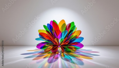 Colorful Abstract Sculpture with Vibrant Petal Shapes Casting Dynamic Shadows on a Surface