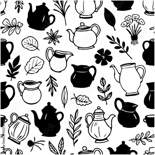 Elegant tea time: A seamless monochrome pattern featuring teapots, jugs, and flora