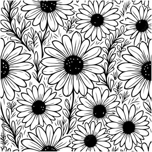 Seamless pattern of daisies and foliage in black and white, nature backdrop