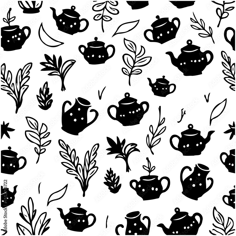 Seamless pattern with teapots and twigs: hand-drawn in black and white style