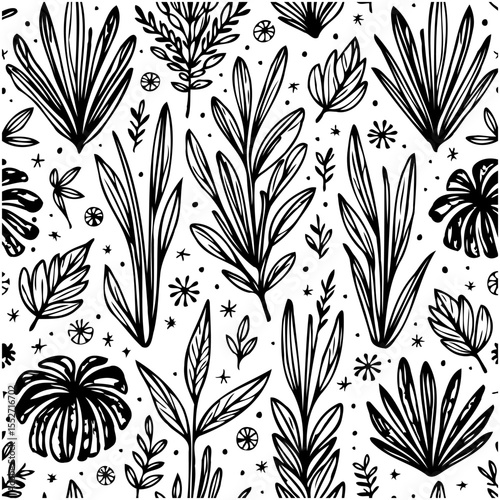 Seamless botanical pattern with hand-drawn tropical leaves and floral elements