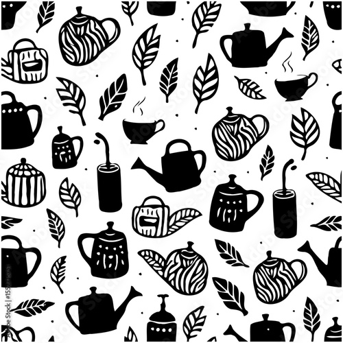 Whimsical Tea Time: A Playful Black and White Pattern of Teapots and Foliage