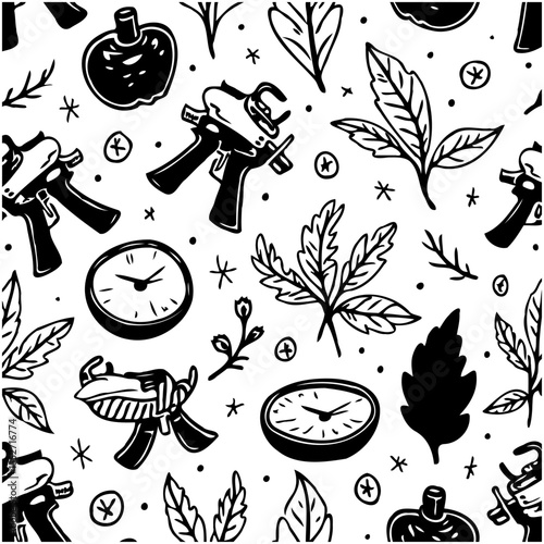 Whimsical black and white seamless pattern with clocks, leaves, spray guns, and perfume