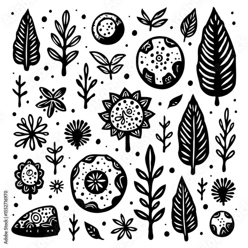 Whimsical black and white floral and plant doodle pattern for creative designs