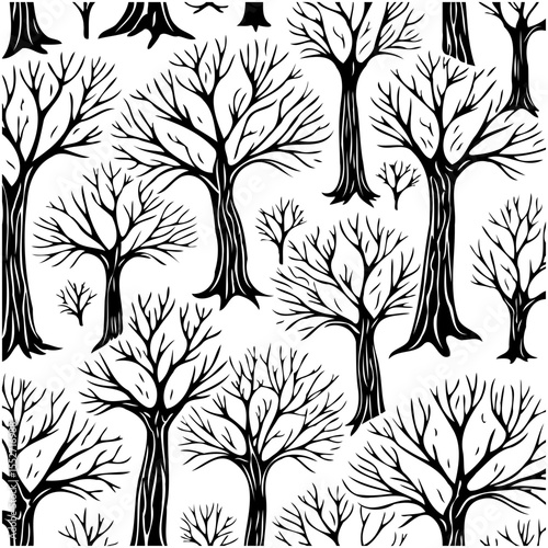 Seamless monochrome pattern featuring a dense forest of leafless trees illustration
