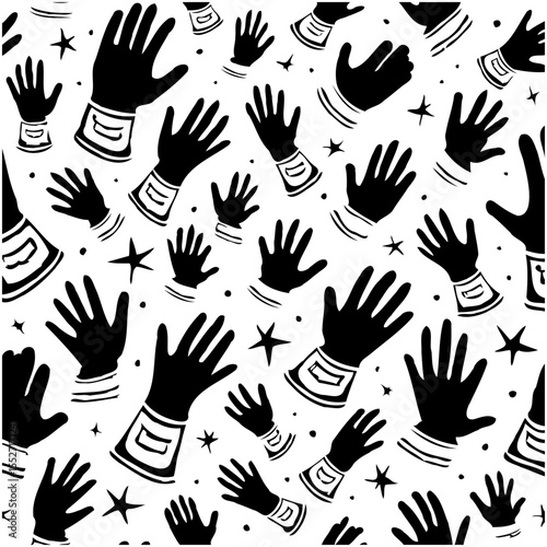 Whimsical Hand Pattern: Black Gloves and Stars on a White Background Design