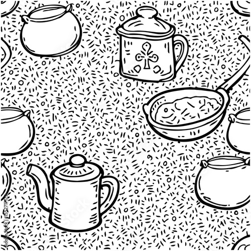 Hand-drawn cooking utensils pattern on scattered background, culinary themed graphic art